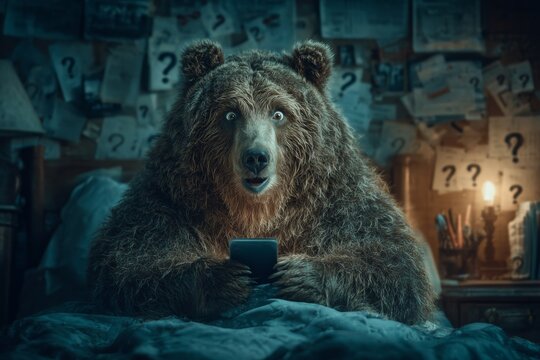 Cute bear's nighttime fright with a smartphone. Crypto profit methods. Crypto trading as a modern gamble or digital goldmine for ambitious dreamers. Risk of crypto trading. Bear in dark.