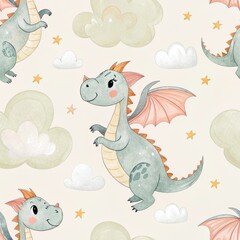 Cute watercolor dragon seamless pattern with clouds and stars