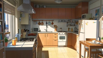 Anime-style kitchen in a small apartment, efficient and cute, compact storage