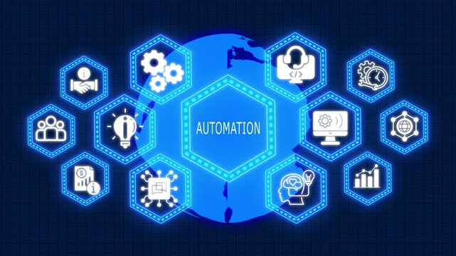 
"Automation Software &ndash; Innovative Digital Business Concept with Glowing World Map and Virtual Technology Animation"