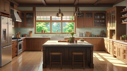 Anime-style luxury kitchen with floral accents, detailed cabinets, cozy 3D scene