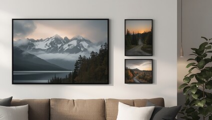 Serene mountain landscape art prints featuring snowy peaks and a calm lake evoking tranquil natural beauty for home decor