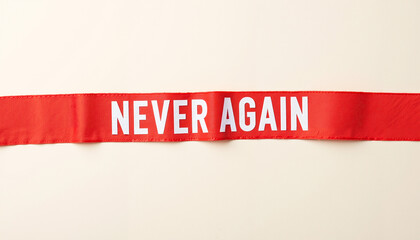 Red ribbon with text "Never Again" on neutral background  