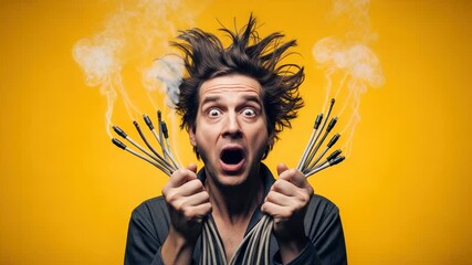 Electrocution hazard, stressed man, electric shock peril, smoking wires in terrified person