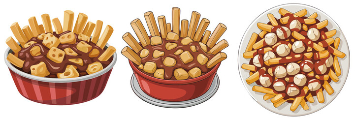 Collection of Delicious Canadian Poutine Dishes Featuring Fries, Cheese Curds, and Gravy in Various Servings
