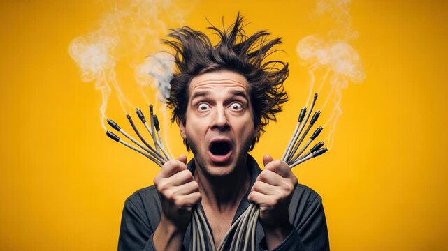 Electrocution hazard, stressed man, electric shock peril, smoking wires in terrified person