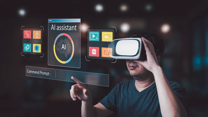 A man wearing a VR headset interacts with an AI assistant holographic interface, using a command prompt to access futuristic technology in a virtual world.