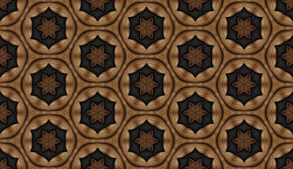 An ancient and ornate brown wood door with a seamless vintage Thai art pattern on the wall