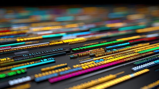 Abstract digital data stream.  Colorful, 3D blocks of text and numbers, flowing in parallel lines across a dark background.  Sharp focus on foreground, with depth of field blurring the background