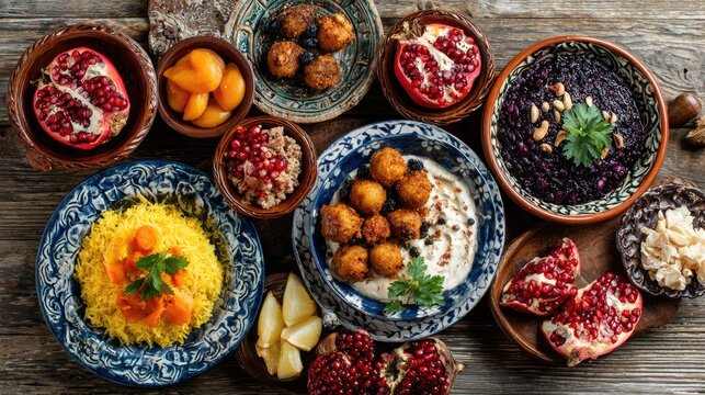 Diverse colorful dishes on rustic wooden surface.  Appetizers, sides, and main courses