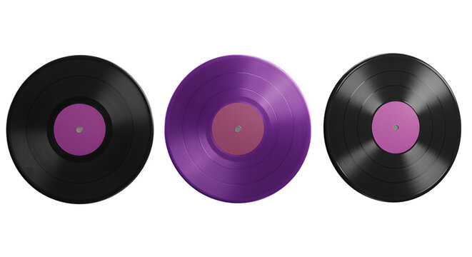 Three vinyl records in black and purple colors arranged side by side against a transparent background offering a vintage musical experience