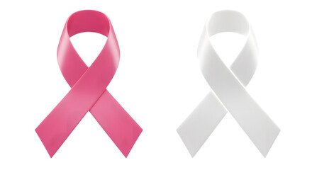 Pink and white ribbons representing support for breast cancer awareness and other important causes isolated on transparent background