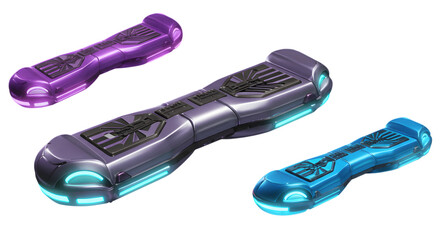 Obraz premium Three self balancing hoverboards in different colors representing modern transportation and futuristic personal mobility isolated on transparent background