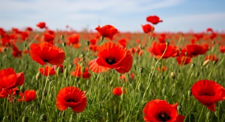 Fototapeta premium Vibrant Red Poppy Field in Summer A Stunning Display of Nature's Beauty