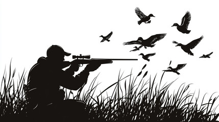 Hunter aiming rifle at ducks in flight silhouette art