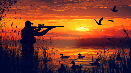 Hunter aiming rifle at ducks during sunset over lake