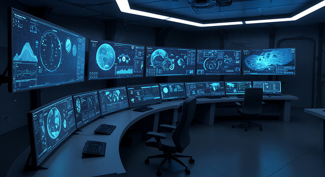 Futuristic control room with multiple screens displaying complex data and information, showcasing advanced technology and cyber security systems in a modern setting