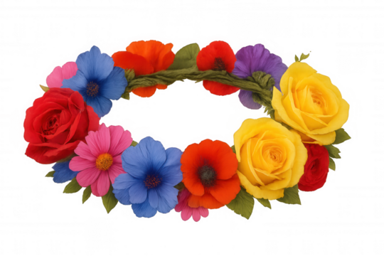 Transparent background showcasing colorful flower crown with vibrant roses, poppies, and cosmos, enhancing creative design elements