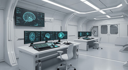 Modern white room interior with computers and monitors displaying brain scans, creating a futuristic and technological workspace for science and research