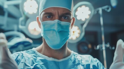 A male Caucasian surgeon in scrubs and a surgical mask prepares for an operation in a well-lit operating room. Surgical lights illuminate the background.