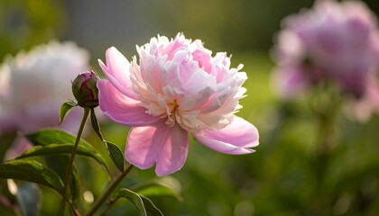 Obraz premium Delicate pink peony in sunlight