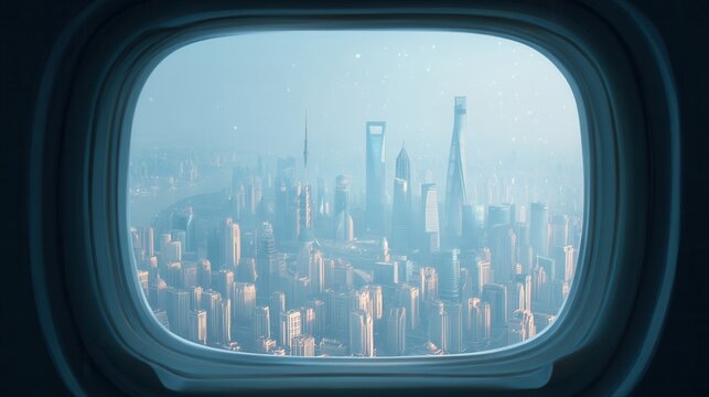 Aerial view of a modern city skyline through an airplane window. Skyscrapers dominate the landscape under a clear blue sky.