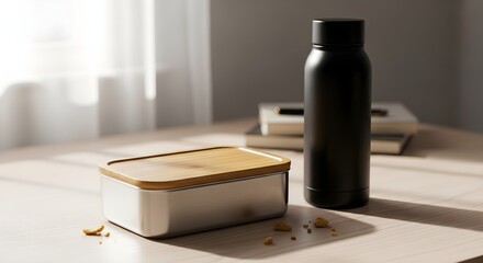 Lunchbox and Bottle on Table with Crumbles MOckup