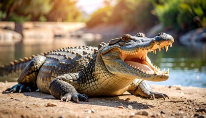 Fototapeta premium Croc by water, open mouth, sunny day