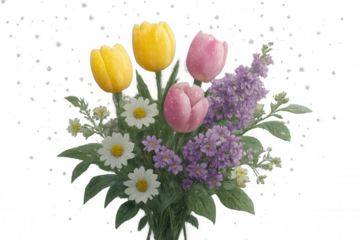Colorful flower arrangement with tulips, daisies, purple blooms, sparkling glitter falling on transparent backdrop