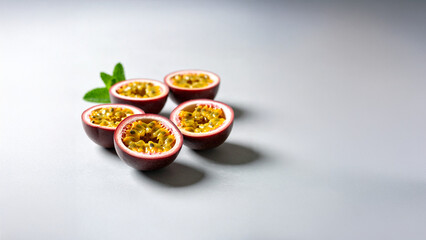 Passion fruit halves with vibrant pulp on light gray surface.