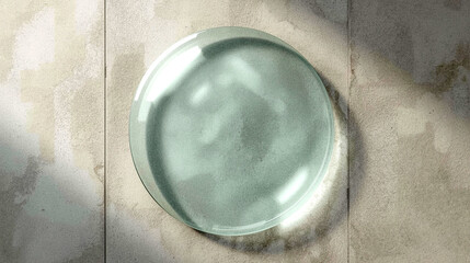 Hyper-Realistic Transparent Glass Circle – Smooth Beveled Edges on Modern Concrete Wall with Raw Industrial Texture in Lucid Realism, 8K Photorealistic Render