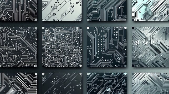 Set of seamless cyber patterns. Circuit board texture. Collection of digital high tech style vector backgrounds