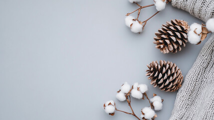 Fototapeta premium Cozy winter scene with pine cones cotton and knitwear