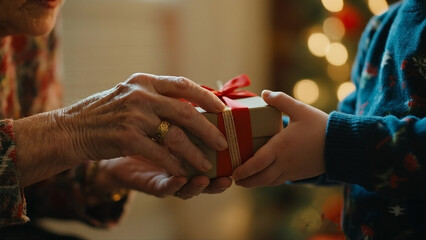 Obraz premium close up of an old woman's wrinkled hand giving a gift box to a toddler's hand.