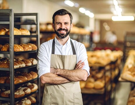 Happy baker in a bakery - Powered by Adobe