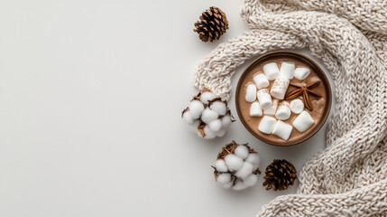 Cozy hot cocoa marshmallows and knitted scarf winter scene