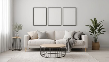 Modern living room interior featuring a plush beige sofa a round coffee table and three empty black framed pictures on a white wall