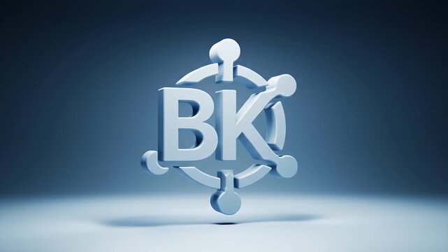 Metallic BK Logo with Circular Structure on White Surface Against Dark Blue Background Under Bright Studio Lighting