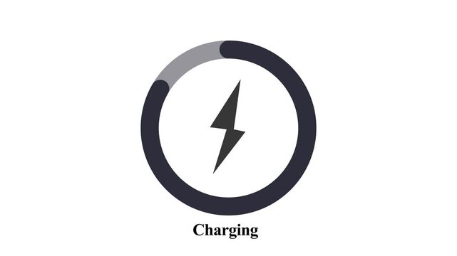Power symbol animation icon, battery charging animation with loading circle, recharge icon, glowing battery with lightning bolt,  tech interface