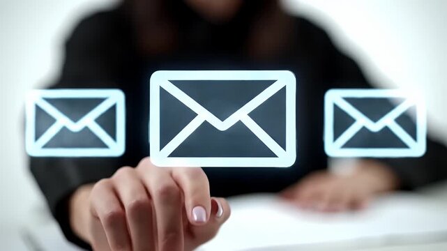 Woman Taps Digital Email Icons With Index Finger Futuristic Style Over White Table Background with Black Long Sleeve Shirt and Light Pink Nails