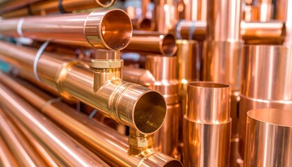 Naklejka premium Copper pipes with industrial warehouse.