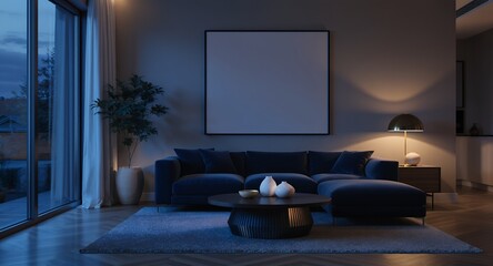 Modern Living Room Interior Design Evening Ambiance, Blue Velvet Sectional Sofa Statement Lighting