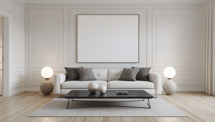 Obraz premium Elegant modern living room featuring a plush sofa ornate wall paneling and minimalist decor with ambient lighting creating a serene atmosphere