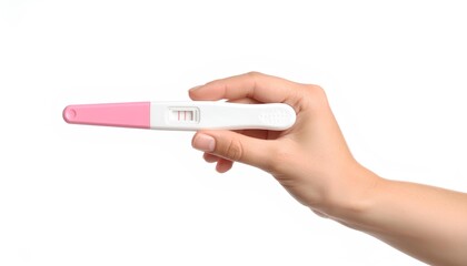 Hand holding and showing a pregnancy test with a positive result on white background.