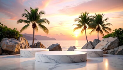 Fototapeta premium empty round white marble podium on beach background at sunset