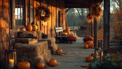 A rustic porch decorated for fall with pumpkins, hay bales, wreaths, and a cat resting on the hay