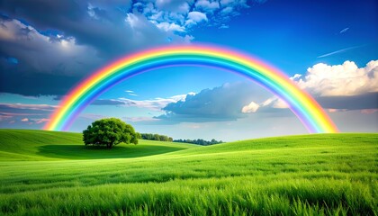 Obraz premium Fantasy illustration of rainbow over a green field
