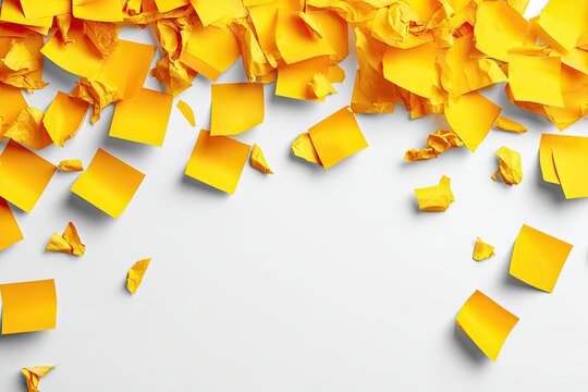 Yellow sticky notes scattered, crumpled, and falling