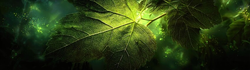 Obraz premium Illuminated green leaf in mystical, glowing environment