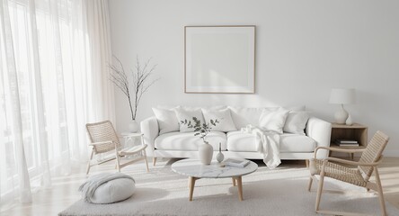 Modern Minimalist Living Room Decor White Sofa, Rattan Chairs Marble Coffee Table